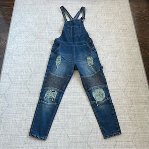 BoohooMAN Men’s Blue Distressed Slim Slim Long Biker Denim Overlls With Rips